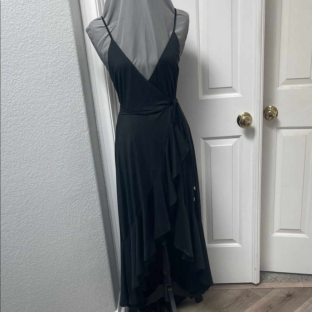 Fashionova Elegant Black Wrap Hi-lo Dress with Ruffle Hem